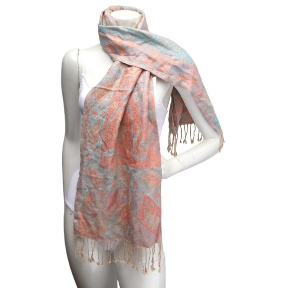 Floral Patchwork Design Scarf Tassels Coral Peach Blue Beige - Picture 1 of 3